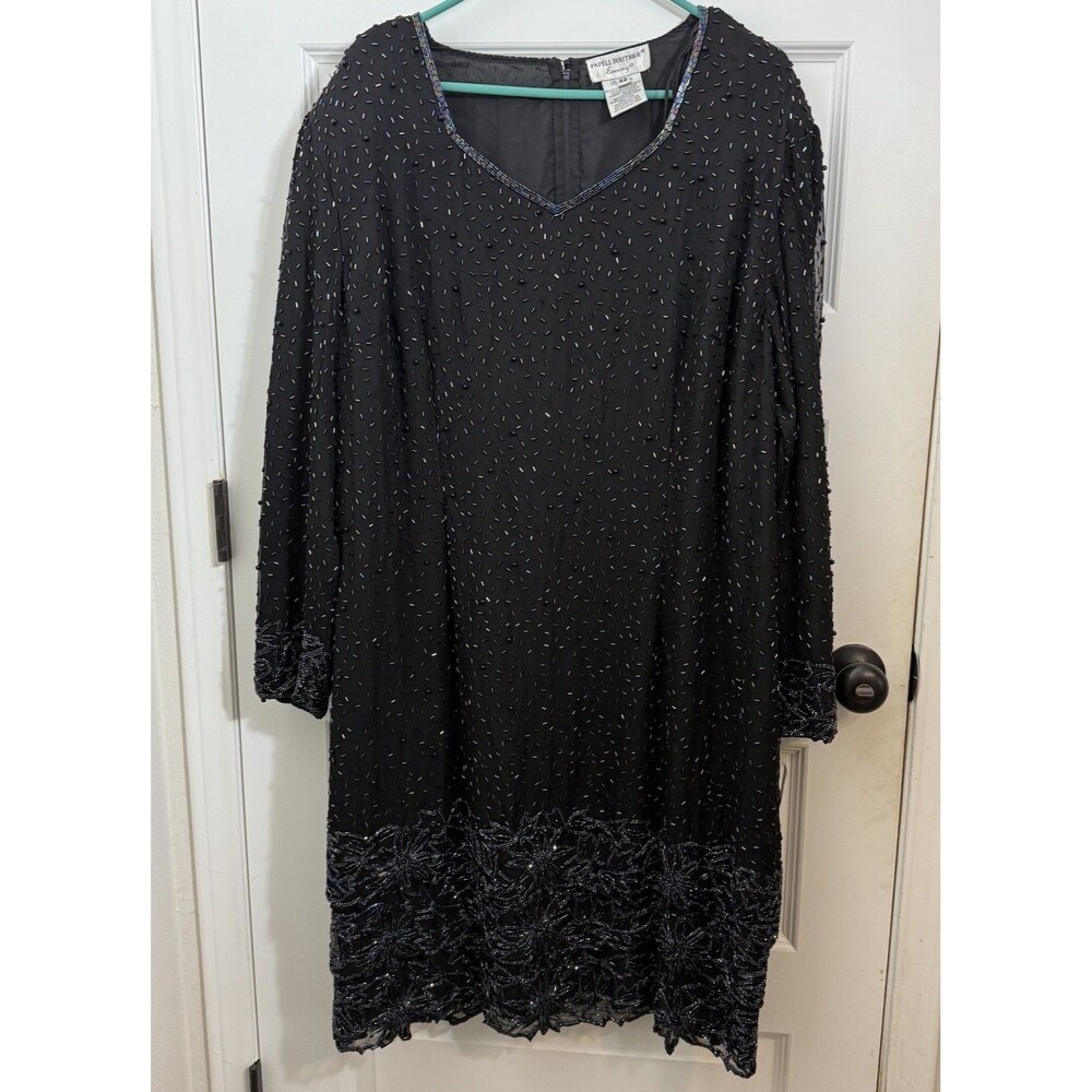 Party Dress Vintage Papell Boutique Beaded Floral Tiered Midi 22W Black NWT